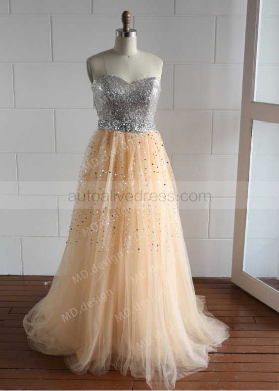 Silver Sequin Champagne Tulle Beaded Long Prom Dress Silver Sequin Champagne Tulle Beaded Long Prom Dress